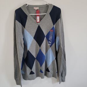 Merona Mens Sweater Size Large V Neck Argyle Academia Professor School‎
